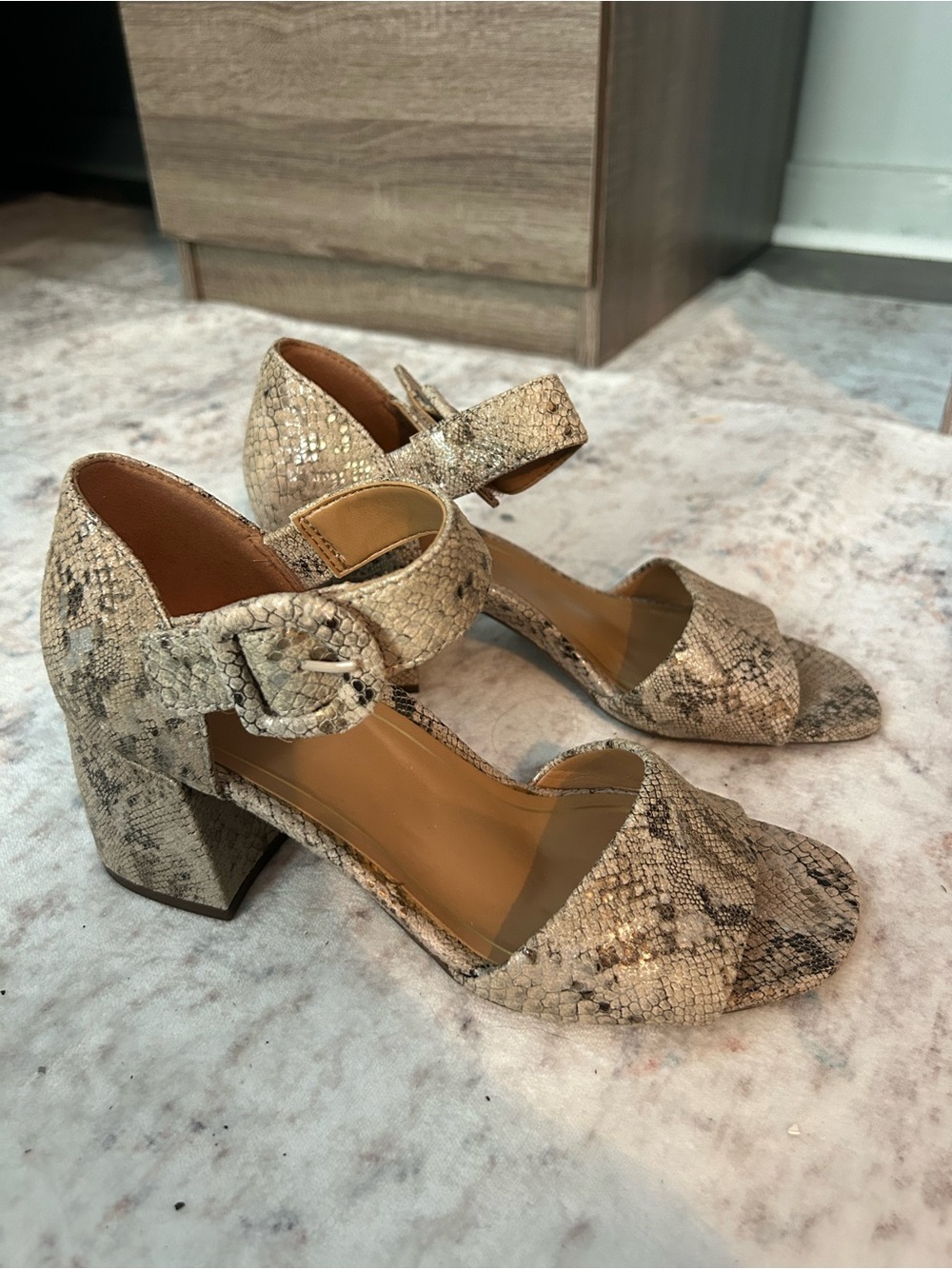 Vionic Snake-Print Block Heel Sandals in Beige and Brown